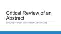 Critical Review of an Abstract COOLING SYSTEMS IN AUTOMOBILES AND CARS.