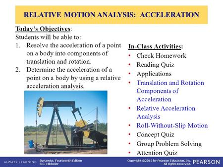 Dynamics, Fourteenth Edition R.C. Hibbeler Copyright ©2016 by Pearson Education, Inc. All rights reserved. Today’s Objectives: Students will be able to: