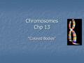 Chromosomes Chp 13 “Colored Bodies”. 1) Chromosomal theory of inheritance Idea that chromosomes carry the genetic information Idea that chromosomes carry.