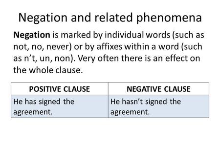 Negation and related phenomena Negation is marked by individual words (such as not, no, never) or by affixes within a word (such as n’t, un, non). Very.