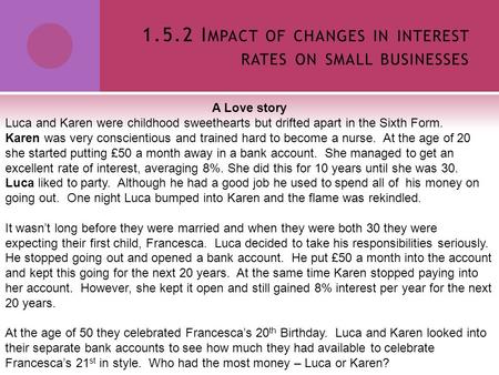 1.5.2 I MPACT OF CHANGES IN INTEREST RATES ON SMALL BUSINESSES A Love story Luca and Karen were childhood sweethearts but drifted apart in the Sixth Form.