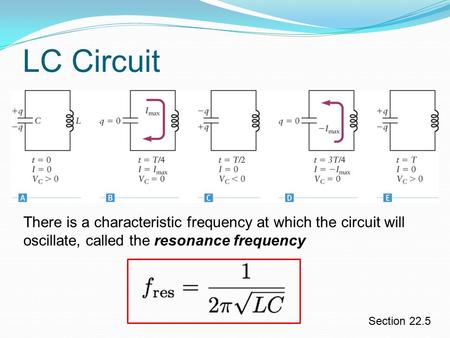 LC Circuit Section 22.5 There is a characteristic frequency at which the circuit will oscillate, called the resonance frequency.