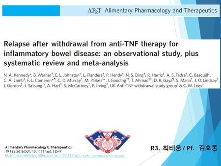 R3. 최태웅 / Pf. 김효종 Alimentary Pharmacology & Therapeutics 19 FEB 2016 DOI: 10.1111/apt.13547