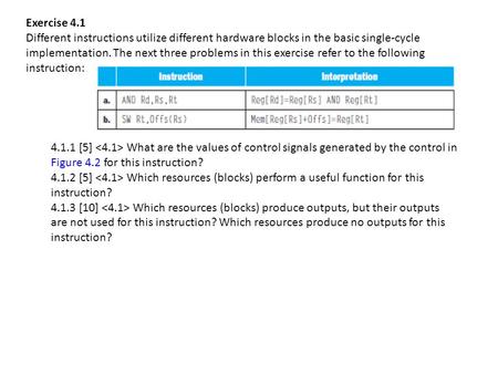 Exercise 4.1 Different instructions utilize different hardware blocks in the basic single-cycle implementation. The next three problems in this exercise.