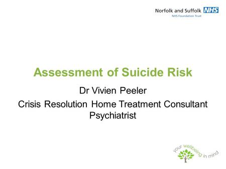 Assessment of Suicide Risk Dr Vivien Peeler Crisis Resolution Home Treatment Consultant Psychiatrist.