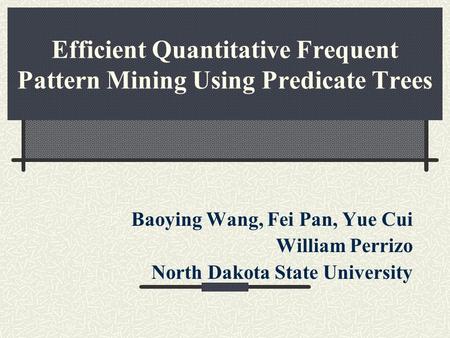 Efficient Quantitative Frequent Pattern Mining Using Predicate Trees Baoying Wang, Fei Pan, Yue Cui William Perrizo North Dakota State University.