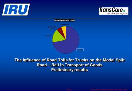 © International Road Transport Union (IRU) 2008 Page 1 The Influence of Road Tolls for Trucks on the Modal Split Road – Rail in Transport of Goods Preliminary.