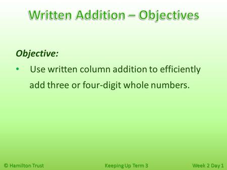 © Hamilton Trust Keeping Up Term 3 Week 2 Day 1 Objective: Use written column addition to efficiently add three or four-digit whole numbers.