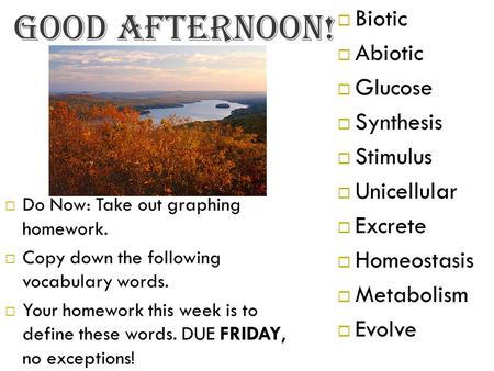 Good Afternoon!  Do Now: Take out graphing homework.  Copy down the following vocabulary words.  Your homework this week is to define these words. DUE.