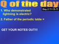 1. Who demonstrated lightning is electric? 2. Father of the periodic table = GET YOUR NOTES OUT!!! Day 2 11-15-11.