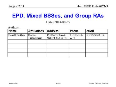 Submission doc.: IEEE 11-14/0977r3 August 2014 Donald Eastlake, HuaweiSlide 1 EPD, Mixed BSSes, and Group RAs Date: 2014-08-25 Authors: