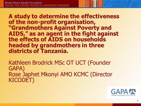 1 A study to determine the effectiveness of the non-profit organisation, Grandmothers Against Poverty and AIDS, as an agent in the fight against the effects.