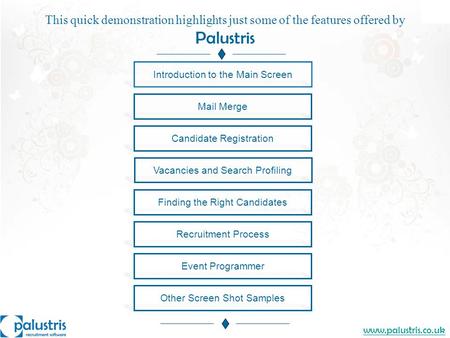 Www.palustris.co.uk Mail Merge Introduction to the Main Screen Candidate Registration Finding the Right Candidates Event Programmer Recruitment Process.