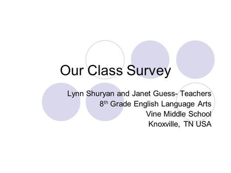 Our Class Survey Lynn Shuryan and Janet Guess- Teachers 8 th Grade English Language Arts Vine Middle School Knoxville, TN USA.