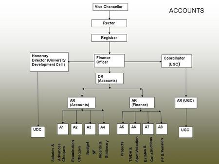 ACCOUNTS Vice-Chancellor AR (UGC) DR (Accounts) Finance Officer UDC UGC AR (Accounts) AR (Finance) A1A2A3A4 A5A6A7A8 Honorary Director (University Development.