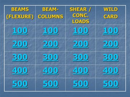 BEAMS (FLEXURE) BEAM- COLUMNS SHEAR / CONC. LOADS