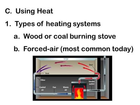 C. Using Heat 1. Types of heating systems a. Wood or coal burning stove b. Forced-air (most common today)