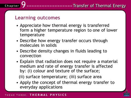 Learning outcomes Appreciate how thermal energy is transferred form a higher temperature region to one of lower temperature Describe how energy transfer.