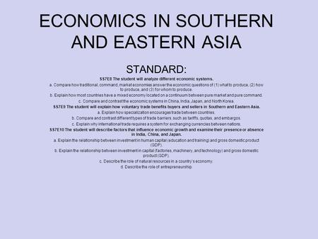 ECONOMICS IN SOUTHERN AND EASTERN ASIA