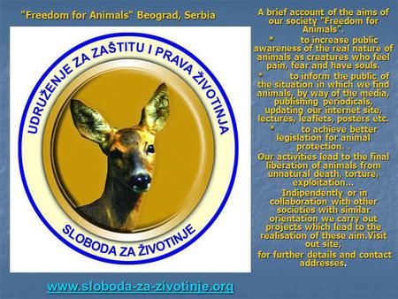 A brief account of the aims of our society Freedom for Animals. * to increase public awareness of the real nature of animals as creatures who feel pain,