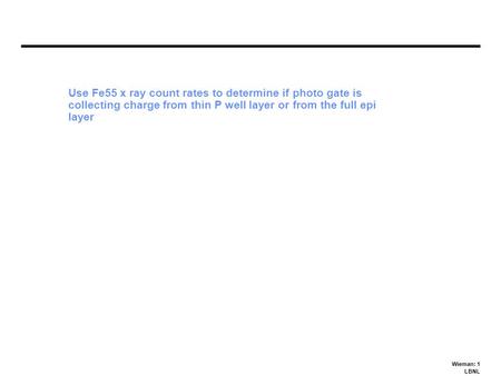 Wieman: 1 LBNL Use Fe55 x ray count rates to determine if photo gate is collecting charge from thin P well layer or from the full epi layer.