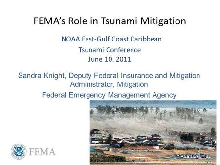 FEMAs Role in Tsunami Mitigation NOAA East-Gulf Coast Caribbean Tsunami Conference June 10, 2011 Sandra Knight, Deputy Federal Insurance and Mitigation.