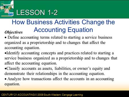 LESSON 1-2 How Business Activities Change the Accounting Equation