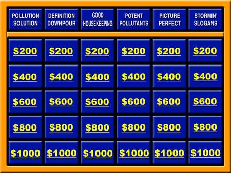 $200 $400 $600 $800 $1000 $200. Pollution Solution for $200 Its the only substance allowed in a storm drain. Answer.