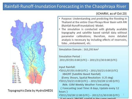 Rainfall-Runoff-Inundation Forecasting in the Chaophraya River (m) Simulation Domain : 163,293 km 2 Simulation Period 2011/07/01 0:00 (UTC) – 2011/11/30.