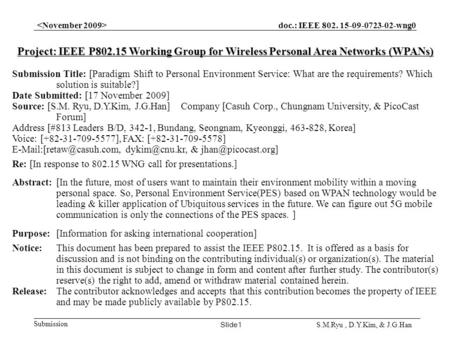 Doc.: IEEE 802. 15-09-0723-02-wng0 Submission Slide1 S.M.Ryu, D.Y.Kim, & J.G.Han Project: IEEE P802.15 Working Group for Wireless Personal Area Networks.