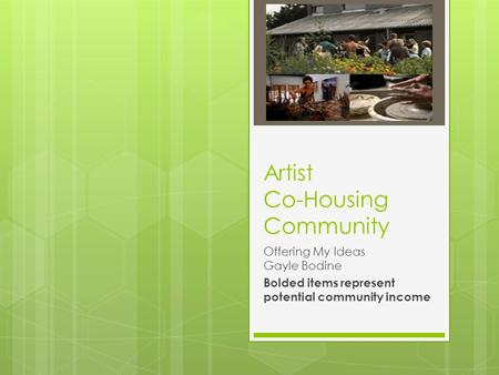 Artist Co-Housing Community Offering My Ideas Gayle Bodine Bolded items represent potential community income.