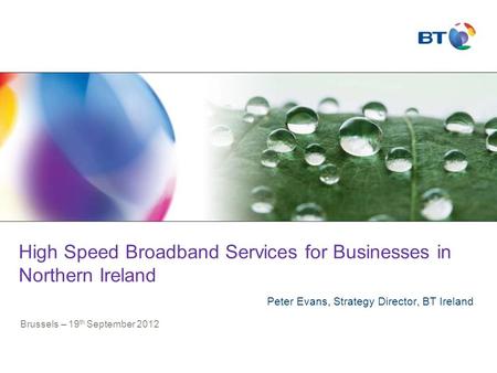 High Speed Broadband Services for Businesses in Northern Ireland Peter Evans, Strategy Director, BT Ireland Brussels – 19 th September 2012.