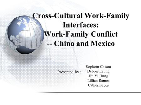 Cross-Cultural Work-Family Interfaces: Work-Family Conflict -- China and Mexico Sophorn Cheam Debbie Leung HuiYi Hung Lillian Ramos Catherine Xu Presented.