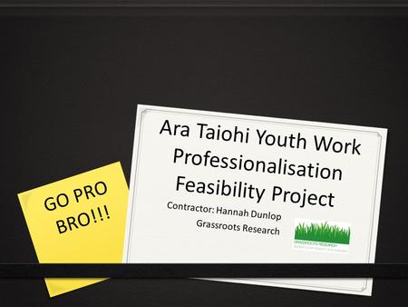 Ara Taiohi Youth Work Professionalisation Feasibility Project Contractor: Hannah Dunlop Grassroots Research GO PRO BRO!!!