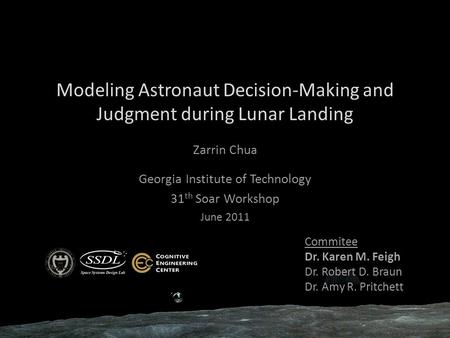 Modeling Astronaut Decision-Making and Judgment during Lunar Landing Zarrin Chua Georgia Institute of Technology 31 th Soar Workshop June 2011 Commitee.