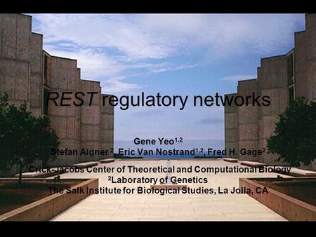 REST regulatory networks Gene Yeo 1,2 Stefan Aigner 2, Eric Van Nostrand 1,2, Fred H. Gage 2 1 Crick-Jacobs Center of Theoretical and Computational Biology.