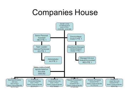 Companies House Gareth Jones Chief Executive SCS 2 FTE 1 £100,000 - £104,999 Director of Business Solutions Delivery SCS 1FTE 1 Salary cost of Reports.