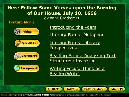 Feature Menu Introducing the Poem Literary Focus: Metaphor