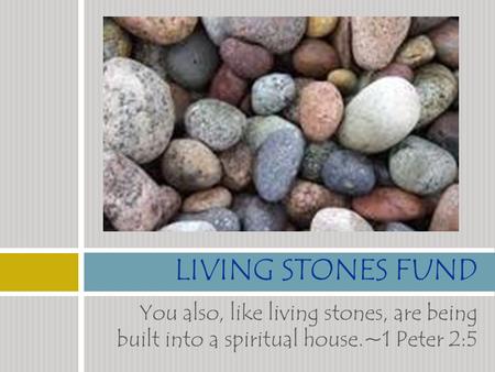 You also, like living stones, are being built into a spiritual house.~1 Peter 2:5 LIVING STONES FUND.