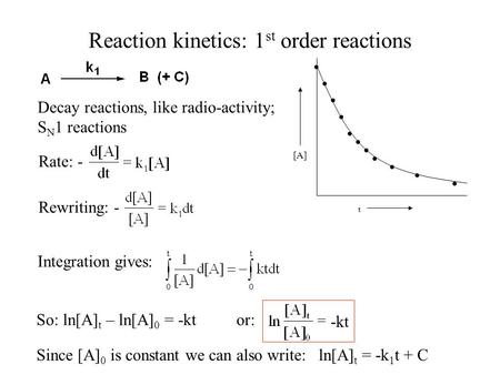 Reaction kinetics: 1 st order reactions [A] t Decay reactions, like radio-activity; S N 1 reactions Rate: - Rewriting: - Integration gives: So: ln[A] t.