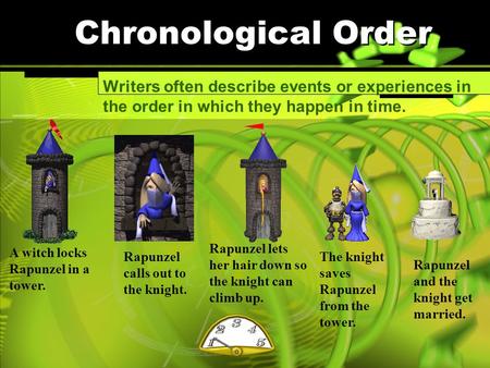 Chronological Order Writers often describe events or experiences in the order in which they happen in time. A witch locks Rapunzel in a tower. Rapunzel.