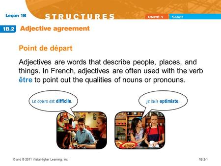 Point de départ Adjectives are words that describe people, places, and things. In French, adjectives are often used with the verb être to point out.