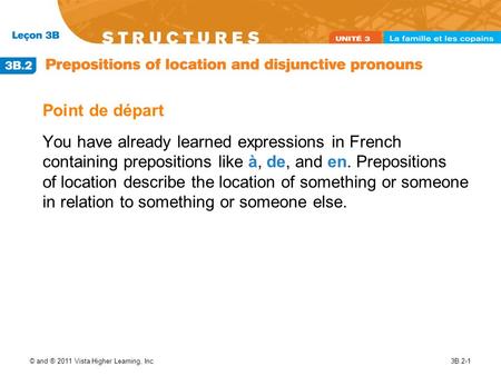 © and ® 2011 Vista Higher Learning, Inc.3B.2-1 Point de départ You have already learned expressions in French containing prepositions like à, de, and en.