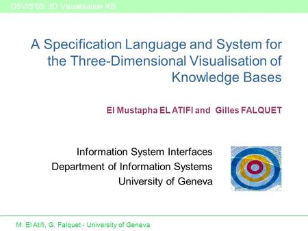 M. El Atifi, G. Falquet - University of Geneva DSVIS'05: 3D Visualisation KB A Specification Language and System for the Three-Dimensional Visualisation.