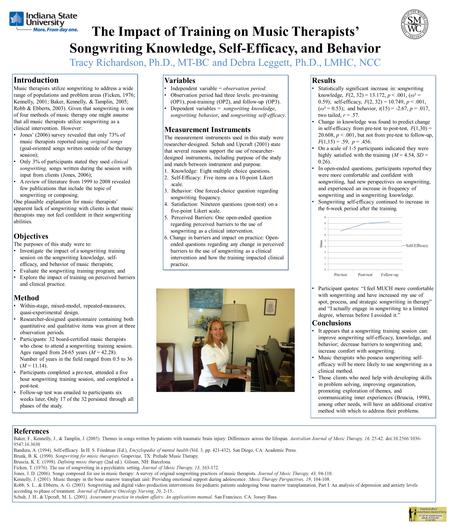 The Impact of Training on Music Therapists’ Songwriting Knowledge, Self-Efficacy, and Behavior Tracy Richardson, Ph.D., MT-BC and Debra Leggett, Ph.D.,