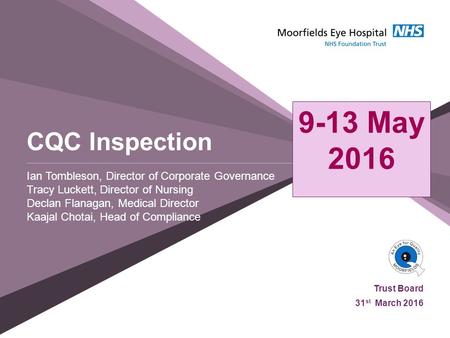 CQC Inspection Ian Tombleson, Director of Corporate Governance Tracy Luckett, Director of Nursing Declan Flanagan, Medical Director Kaajal Chotai, Head.