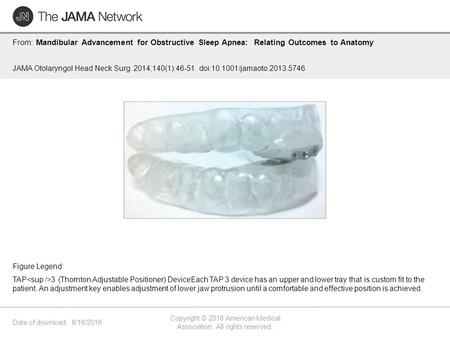 Date of download: 9/16/2016 Copyright © 2016 American Medical Association. All rights reserved. From: Mandibular Advancement for Obstructive Sleep Apnea: