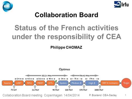 P. Bosland CEA-Saclay Collaboration Board meeting Copenhagen 14/04/2014 11 Status of the French activities under the responsibility of CEA Philippe CHOMAZ.