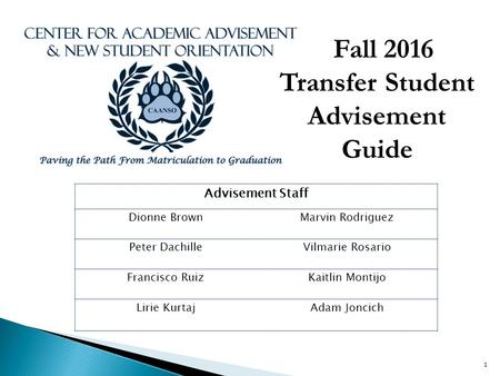 1 Fall 2016 Transfer Student Advisement Guide Advisement Staff Dionne BrownMarvin Rodriguez Peter DachilleVilmarie Rosario Francisco RuizKaitlin Montijo.