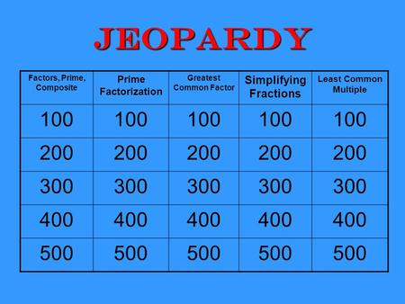 Jeopardy Factors, Prime, Composite Prime Factorization Greatest Common Factor Simplifying Fractions Least Common Multiple 100 200 300 400 500.